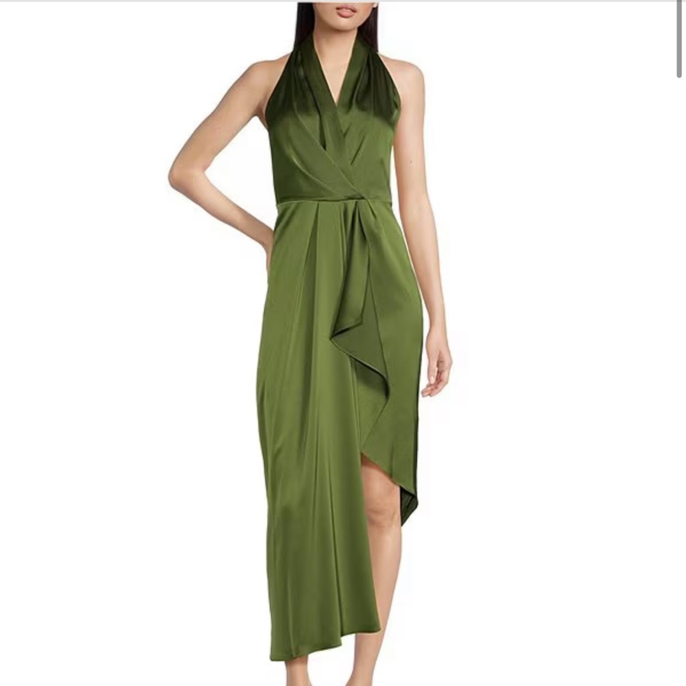 Alex Marie- Hazel Surplice V-Neck Sleeveless Satin Asymmetrical Hem Midi Dress